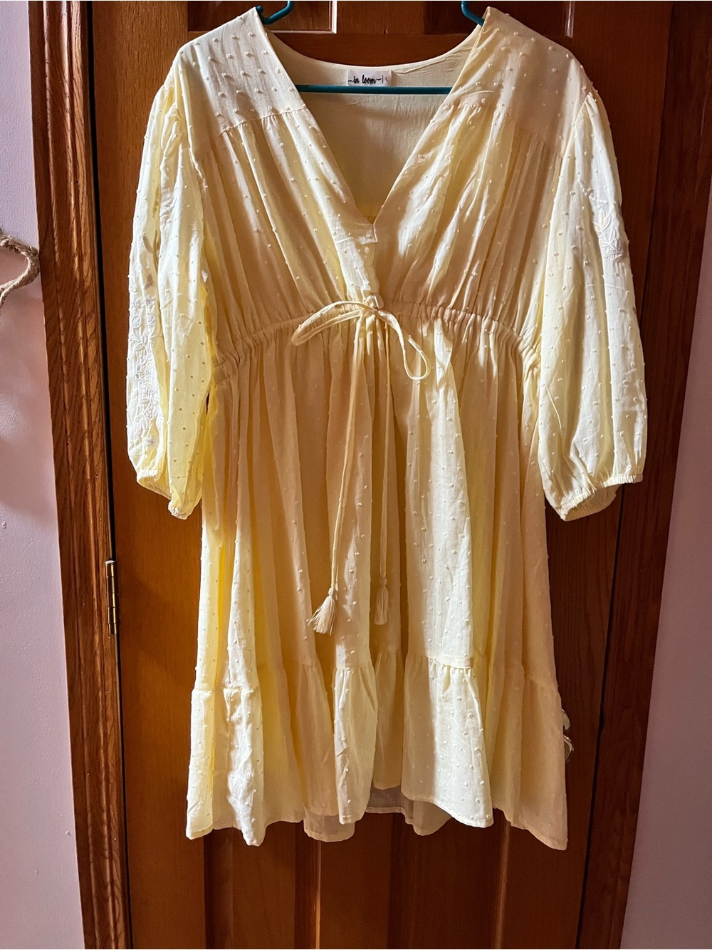 Light Yellow V-Neck Peasant Tunic with Tassel Tie